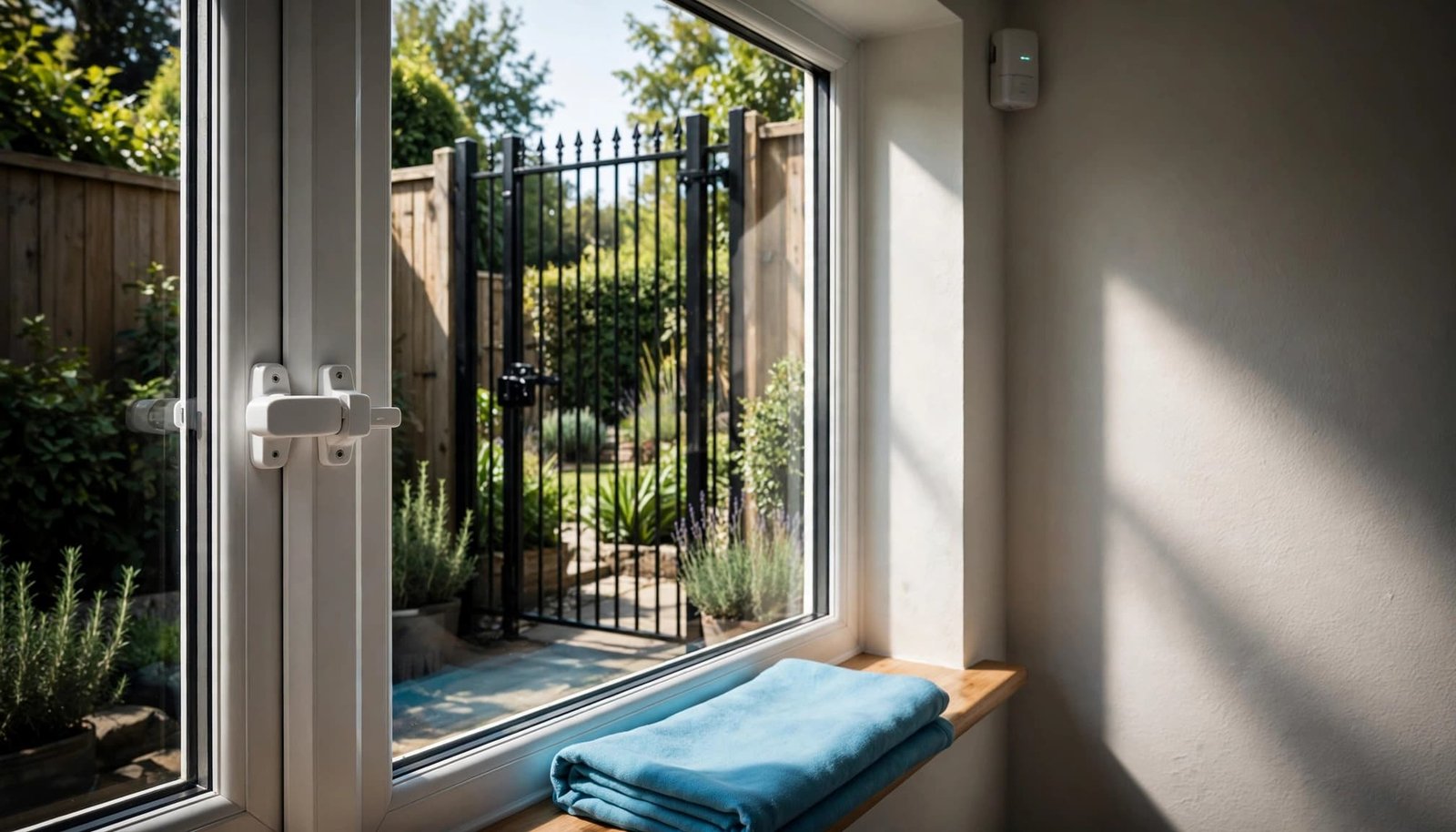 A locked rental window overlooks a garden enclosed by a tall gate.