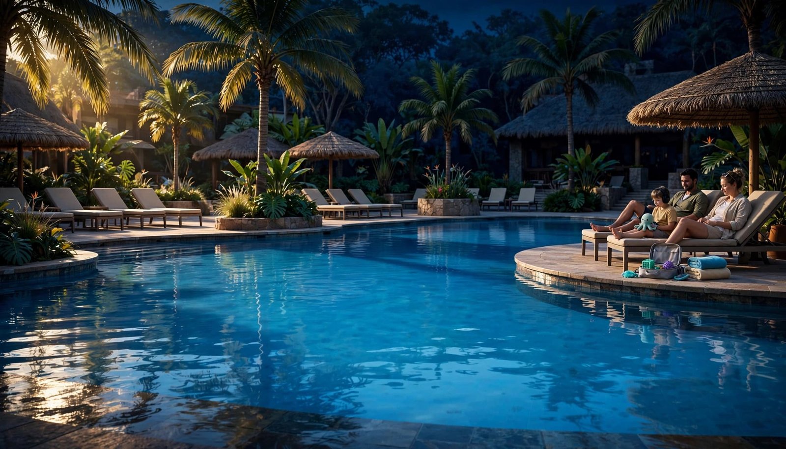 Two adults and a child relax by a resort pool with towels and a small sensory kit.