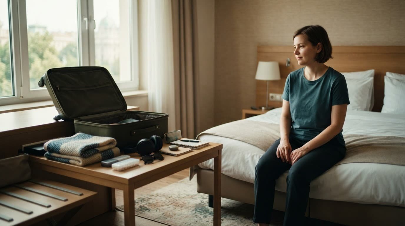 Autism-Friendly Vacation Planning for Autistic Adults An autistic traveler sits beside an open suitcase with familiar sensory tools in a quiet hotel room.