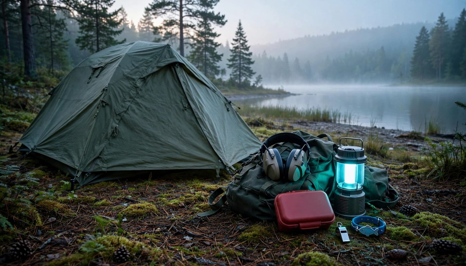 Autism-Friendly Camping Trips That Fit Your Family Safety gear rests beside a closed tent overlooking a quiet lake.