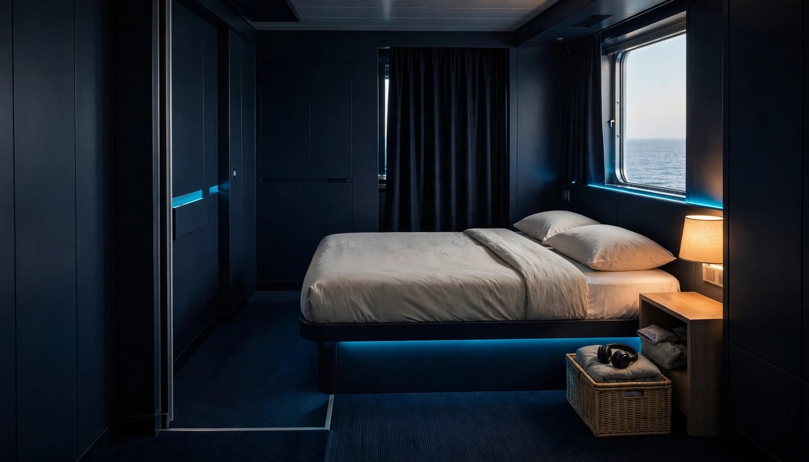 A tidy cruise cabin with a made bed, dim lighting, a comfort basket, and a calm ocean view.
