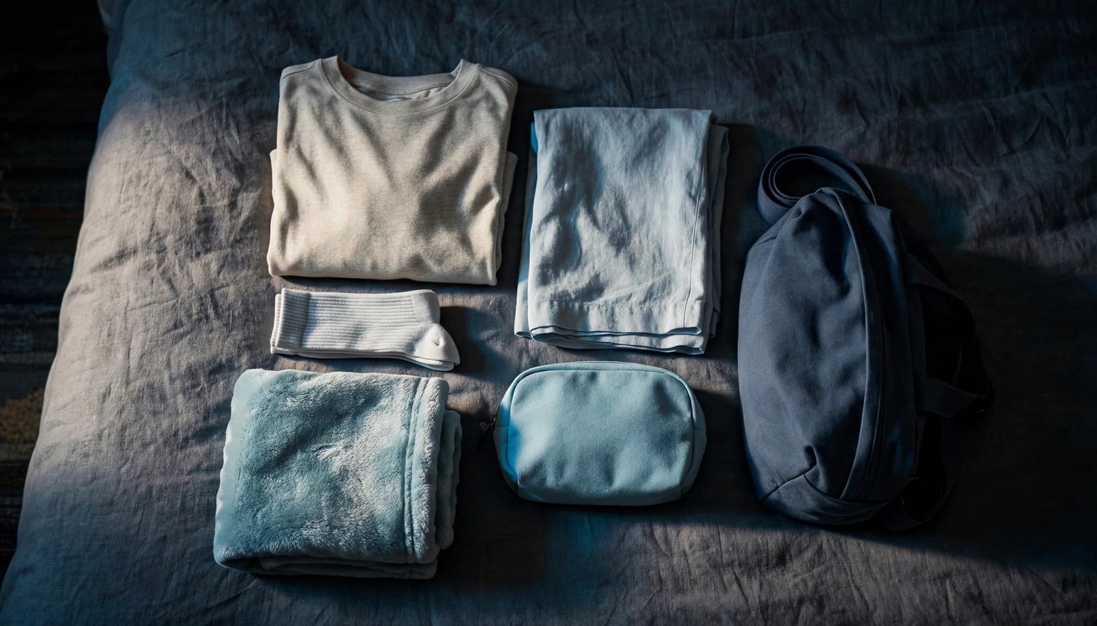 Folded clothes, spare socks, a small pouch, and soft fabric sit beside a day bag.
