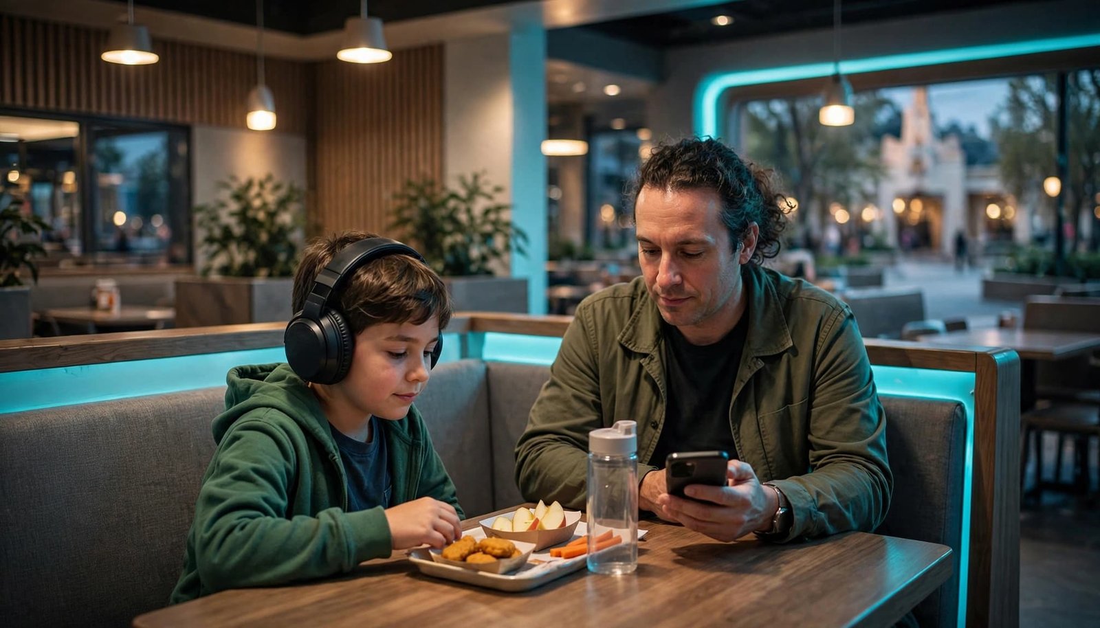 Parent and child share a quiet restaurant meal, with the child wearing headphones.