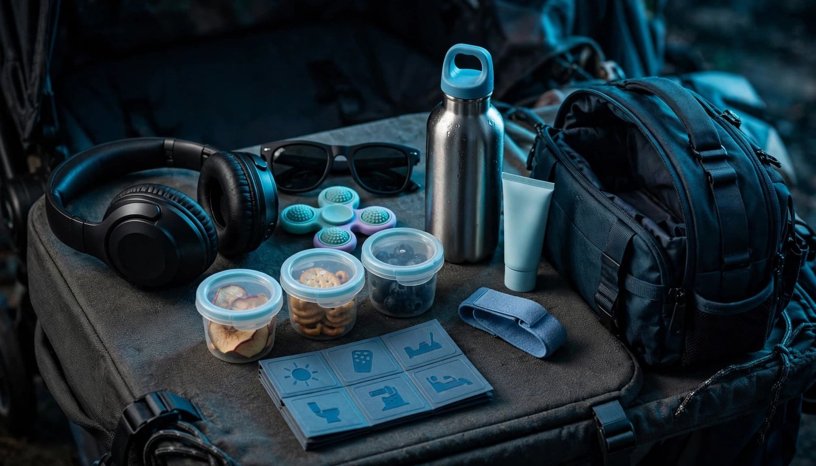 Disney With Autism Kids: Plan a Low-Walking Park Day Sensory support items arranged on a travel table beside a stroller bag.