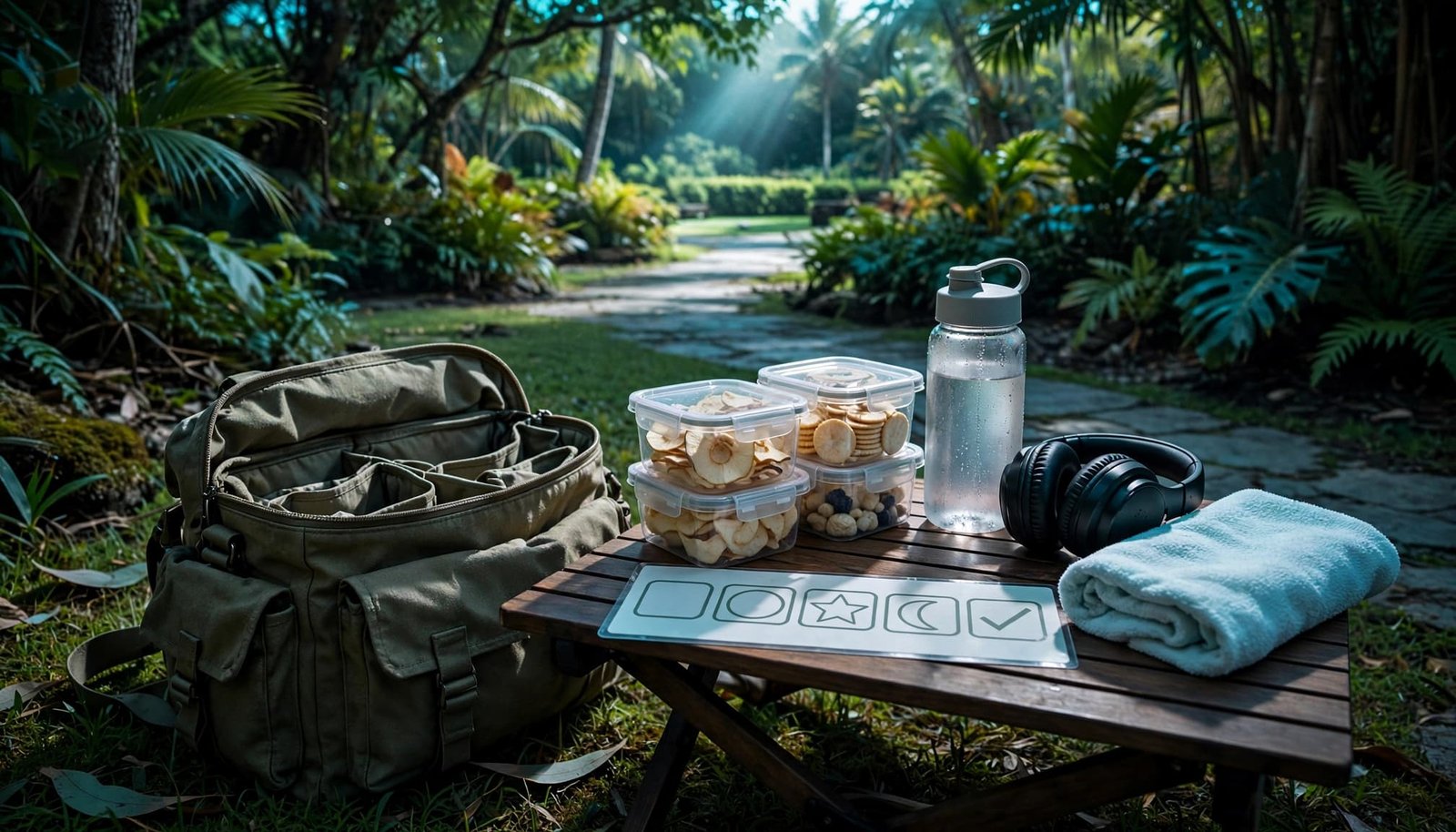 Disney Autism Planning Worksheets for Calmer Park Days A park bag and small table hold snacks, water, headphones, and sensory supports in a shaded garden.