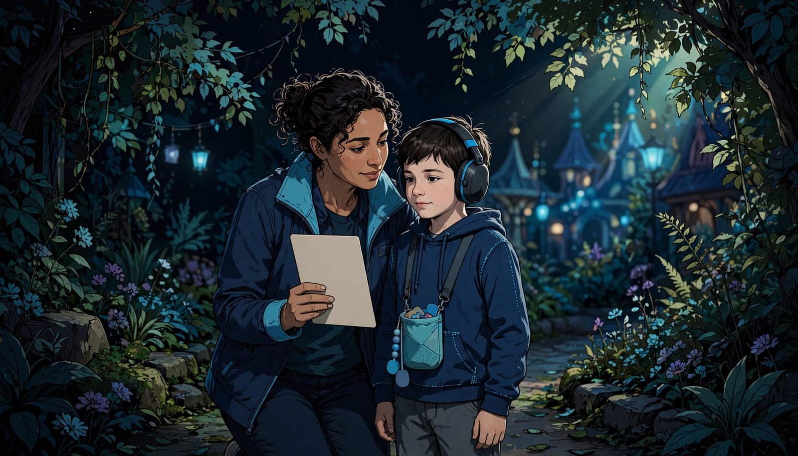 Disney Autism Sensory Profile for Calmer Park Days A parent and child pause beside a shaded theme park path with headphones and a sensory pouch.