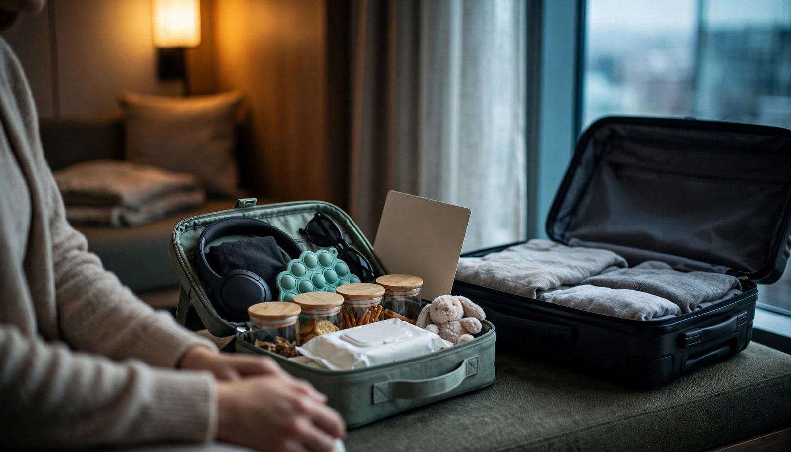 Autism-Friendly Hotel Room Setup for Family Vacations A caregiver organizes sensory items beside an open suitcase on a hotel bench.
