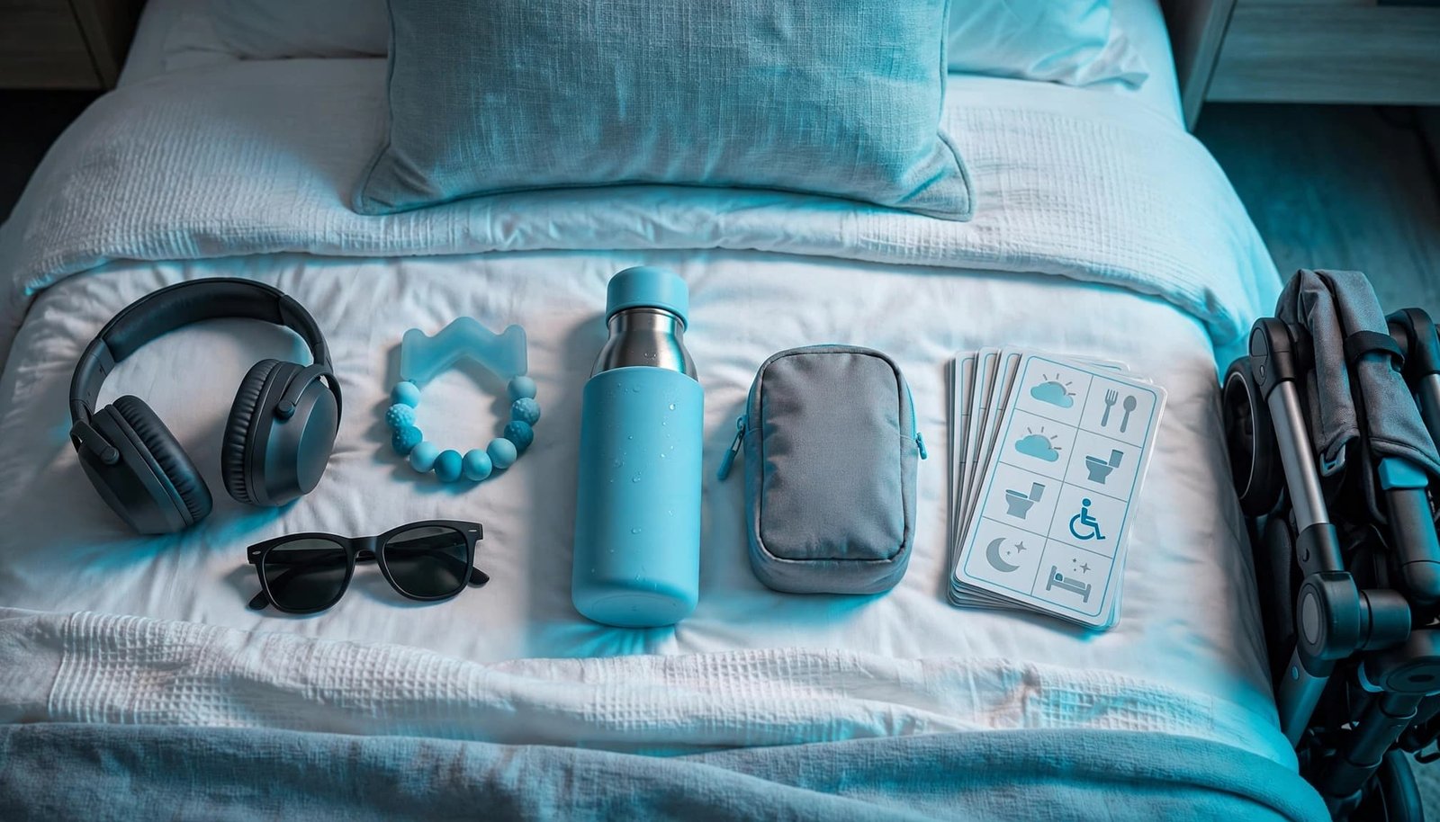 Sensory travel supplies arranged on a hotel bed beside a folded stroller.