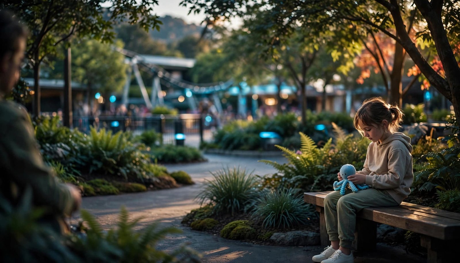A child sits on a shaded park bench holding a small toy as an adult stands nearby.