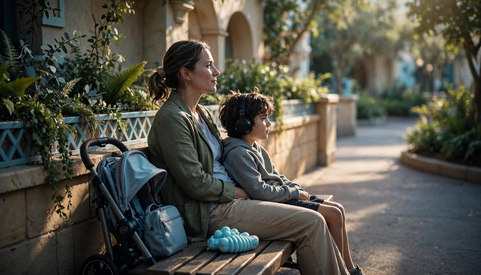 Disney Autism Guide: Build a Child-Led Park Day A parent and child rest on a shaded bench beside greenery, a stroller, and a sensory toy.