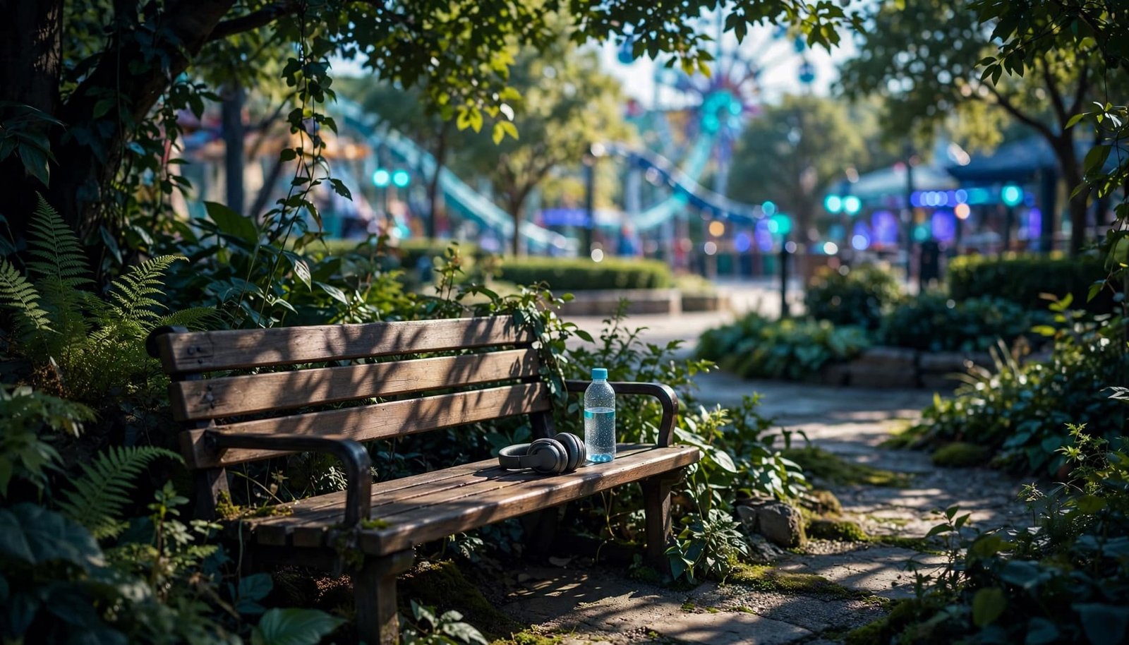 An empty shaded bench with a water bottle and folded headphones near a colorful park.