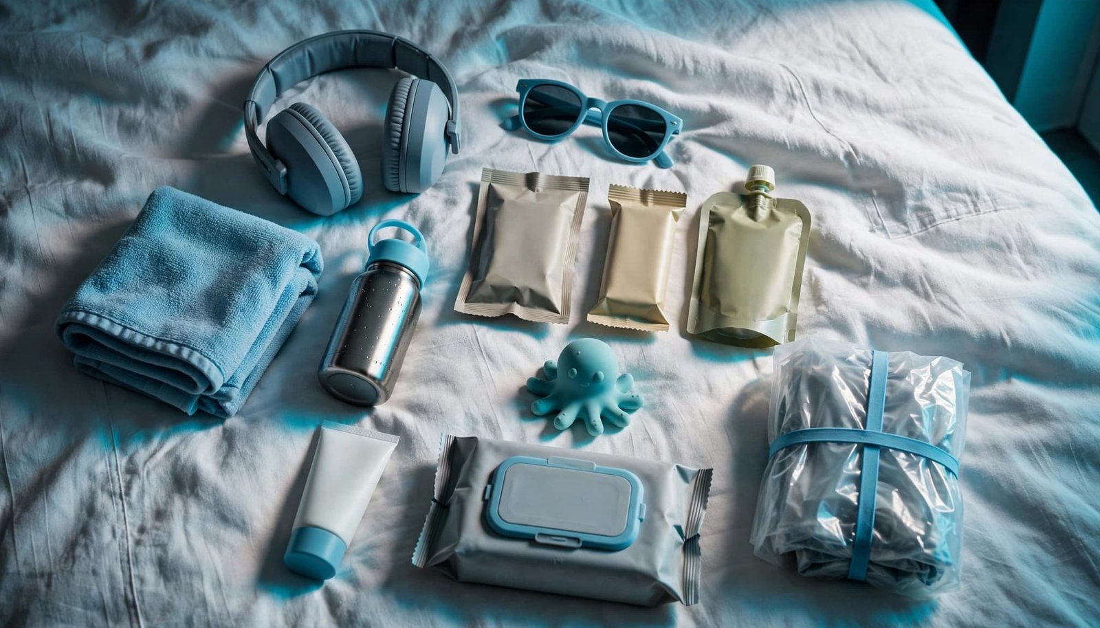 Disney Autism Kids: Plan Breaks Before Overload Travel comfort items arranged on a hotel bed for a theme park day.