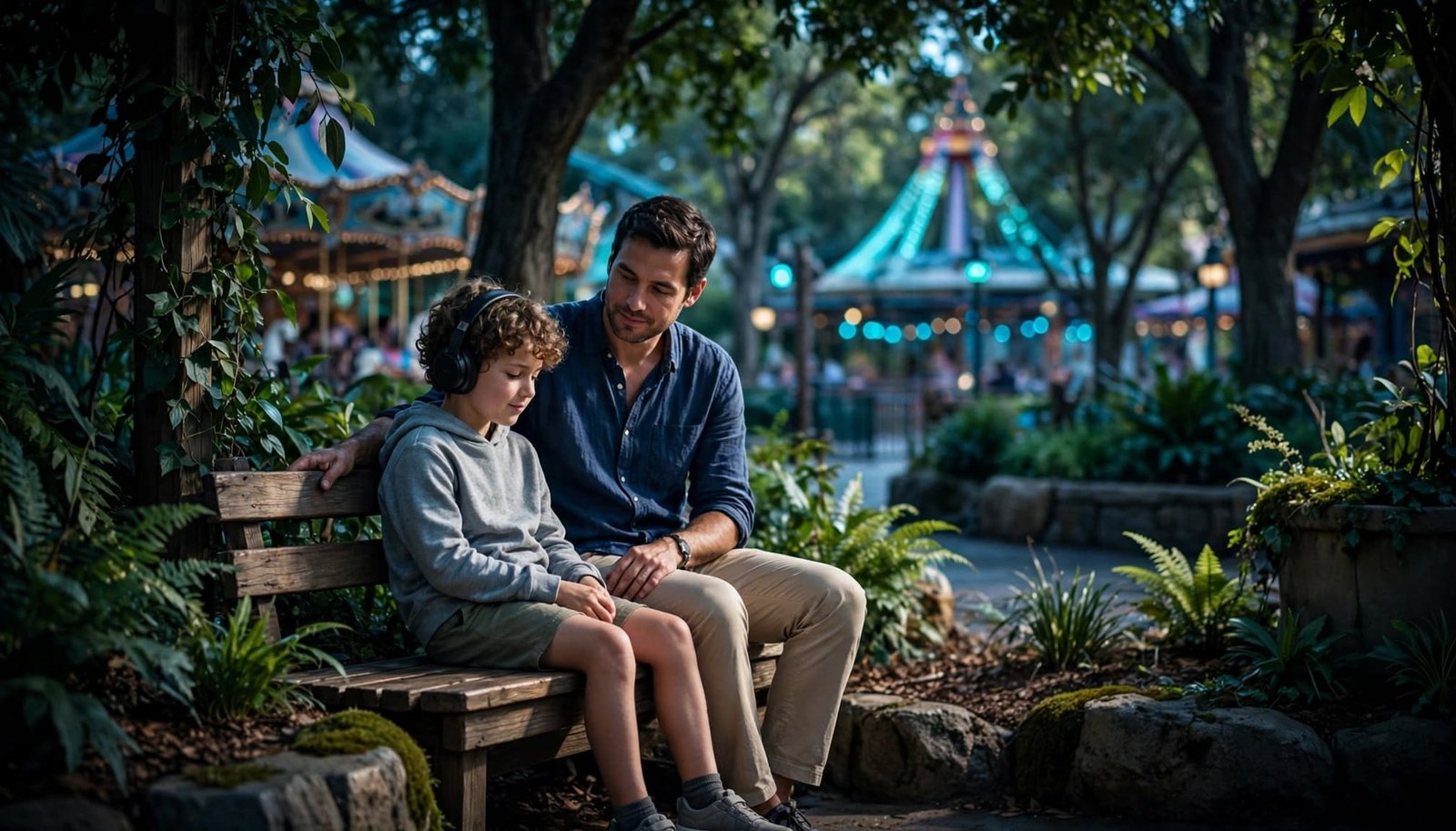 A child sits on a shaded garden bench as a parent offers calm support.