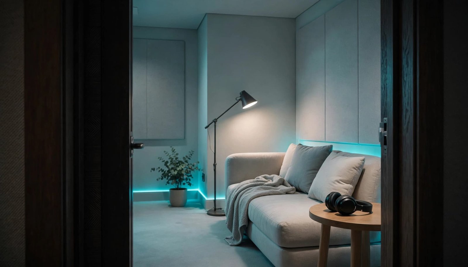 A quiet room with soft seating, lamps, and headphones on a small table.