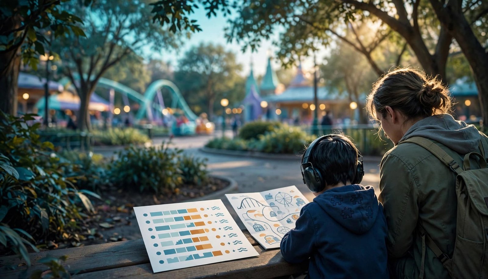Disney Autism Rides: Create a Comfort Rating System A parent and child review a ride comfort chart beside a theme park map.