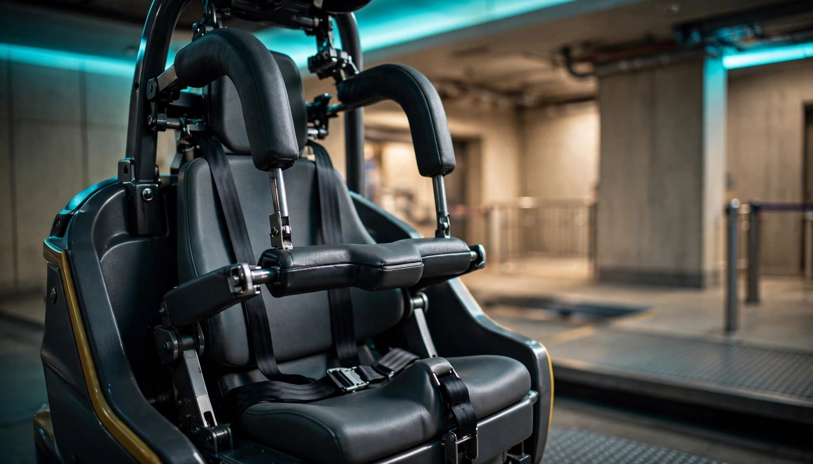 Disney Ride Restraints: Prepare Autistic Kids Before Arrival Empty ride vehicle showing a lap belt, lap bar, and overhead shoulder restraint.