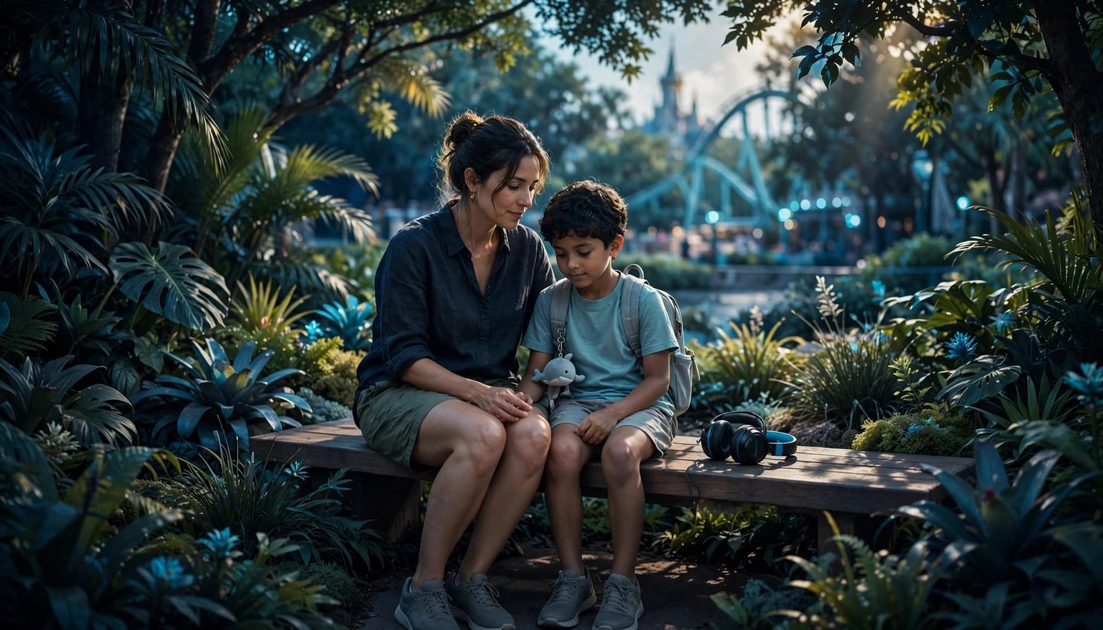 Disney Autism Guide: Plan a Calm Park Exit With Kids A parent and child rest on a shaded bench with headphones beside them.