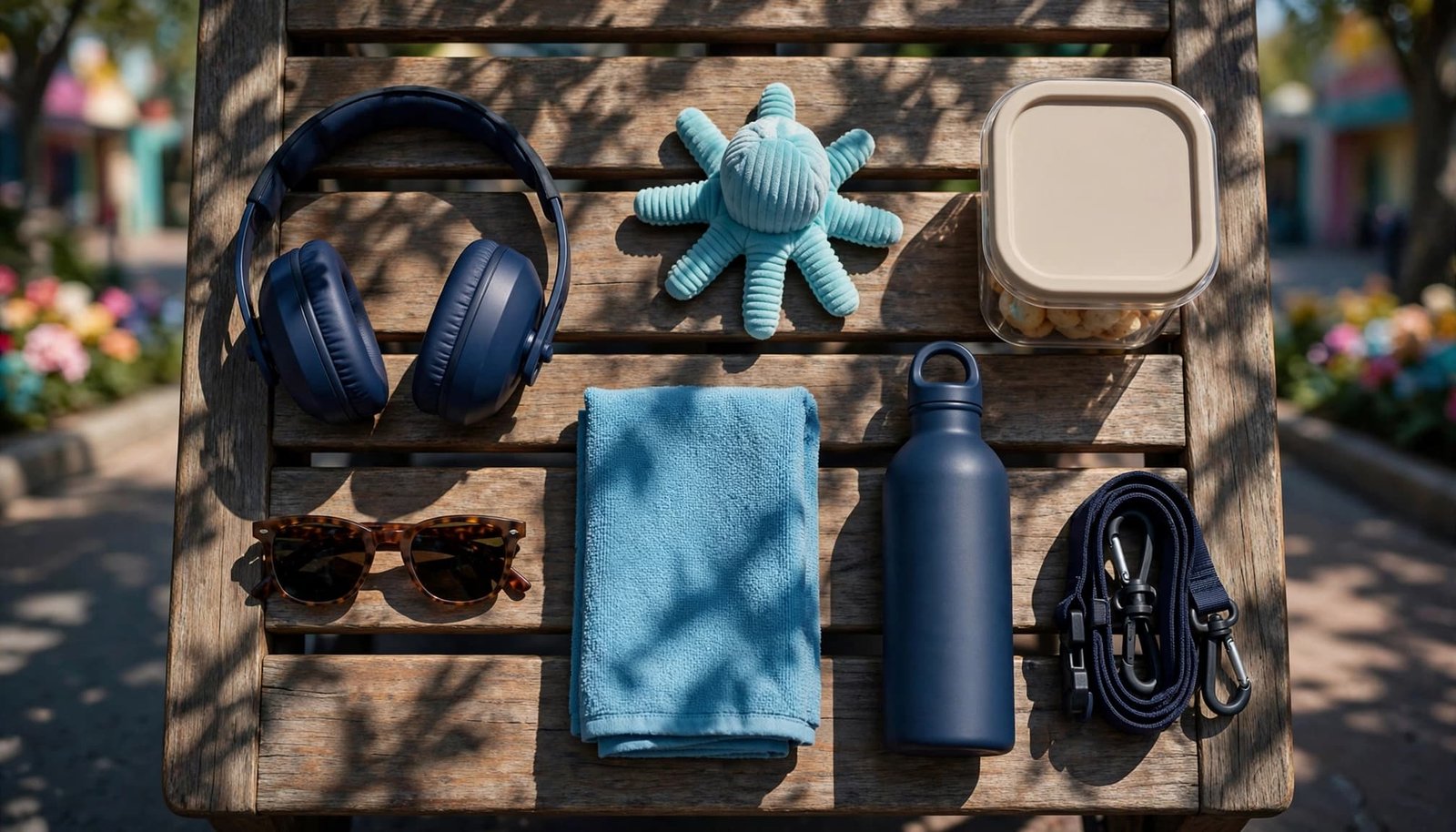 Disney Autism Ebook: Practice Transitions Before Your Trip Sensory comfort items arranged on a bench near a shaded theme park walkway.