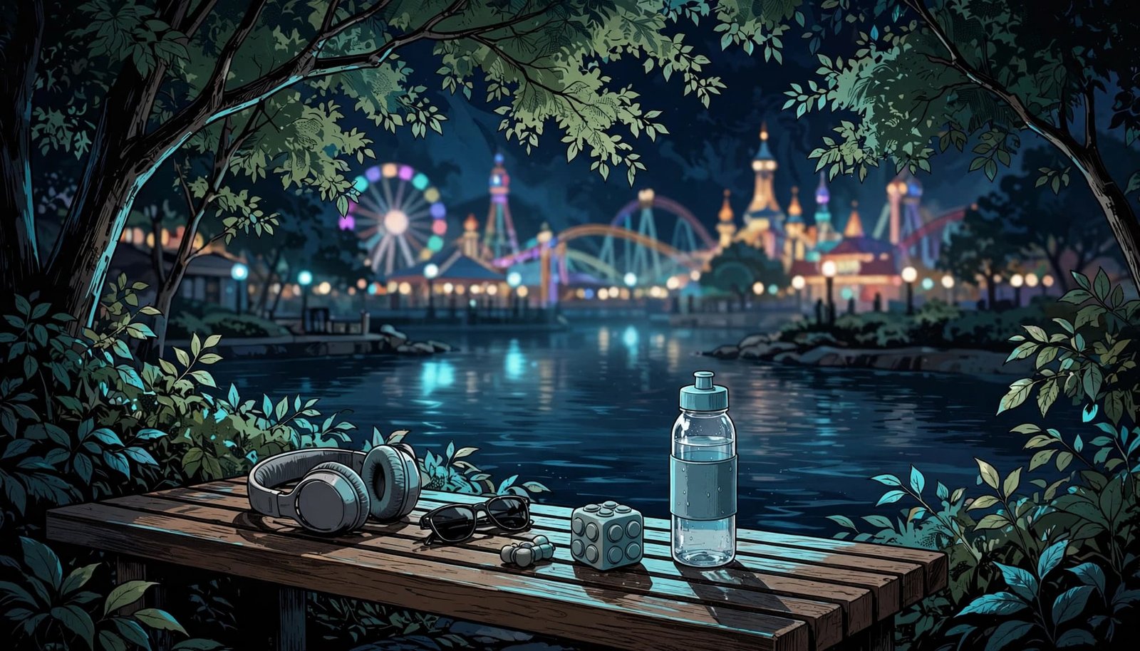 Disney Autism Sensory Profile for Calmer Park Days A shaded bench with sensory tools beside a lagoon in a quiet theme park.