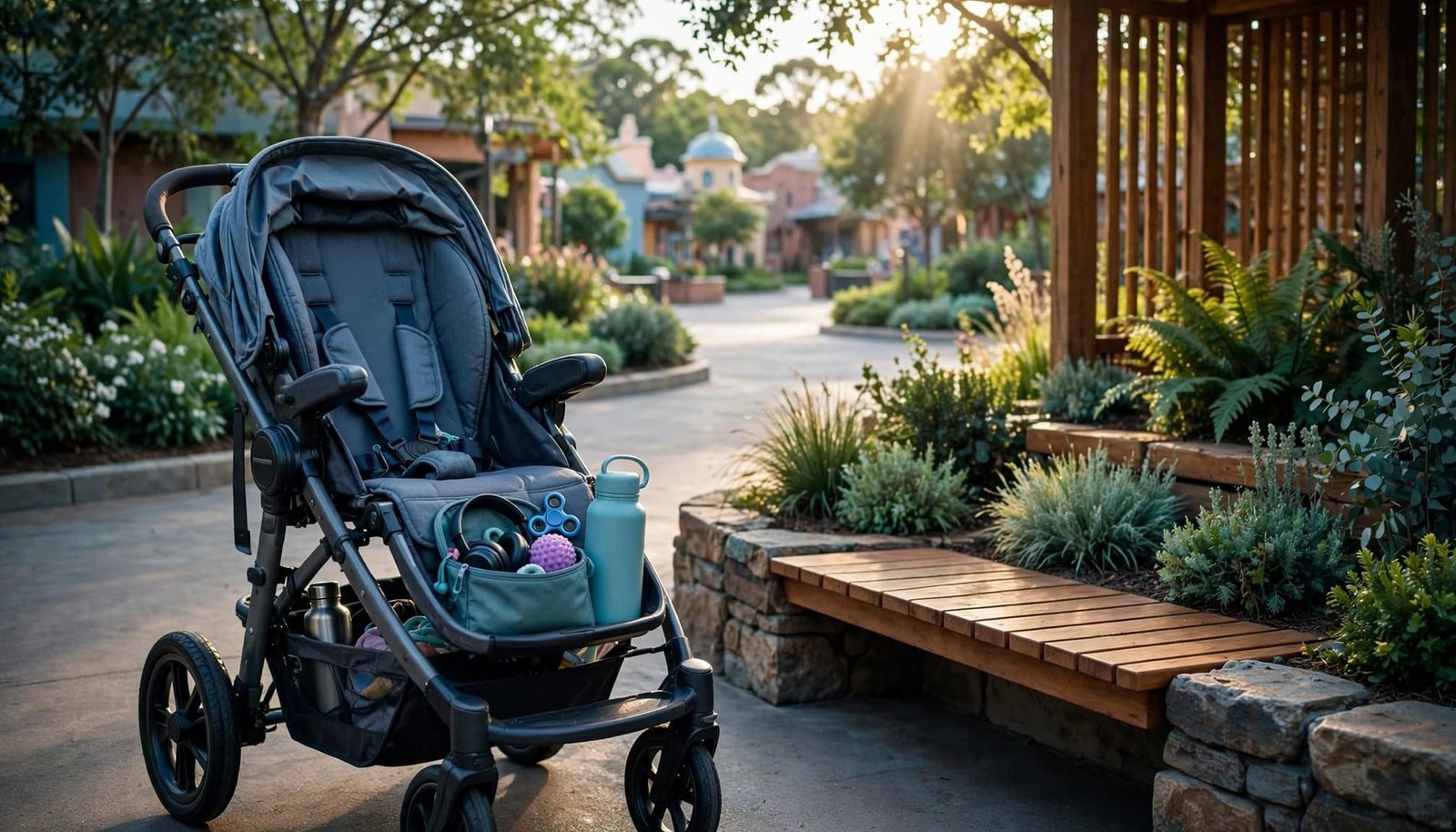 Disney Autism Rides: Create a Comfort Rating System A stroller with a sensory kit and water bottle beside a shaded park walkway.
