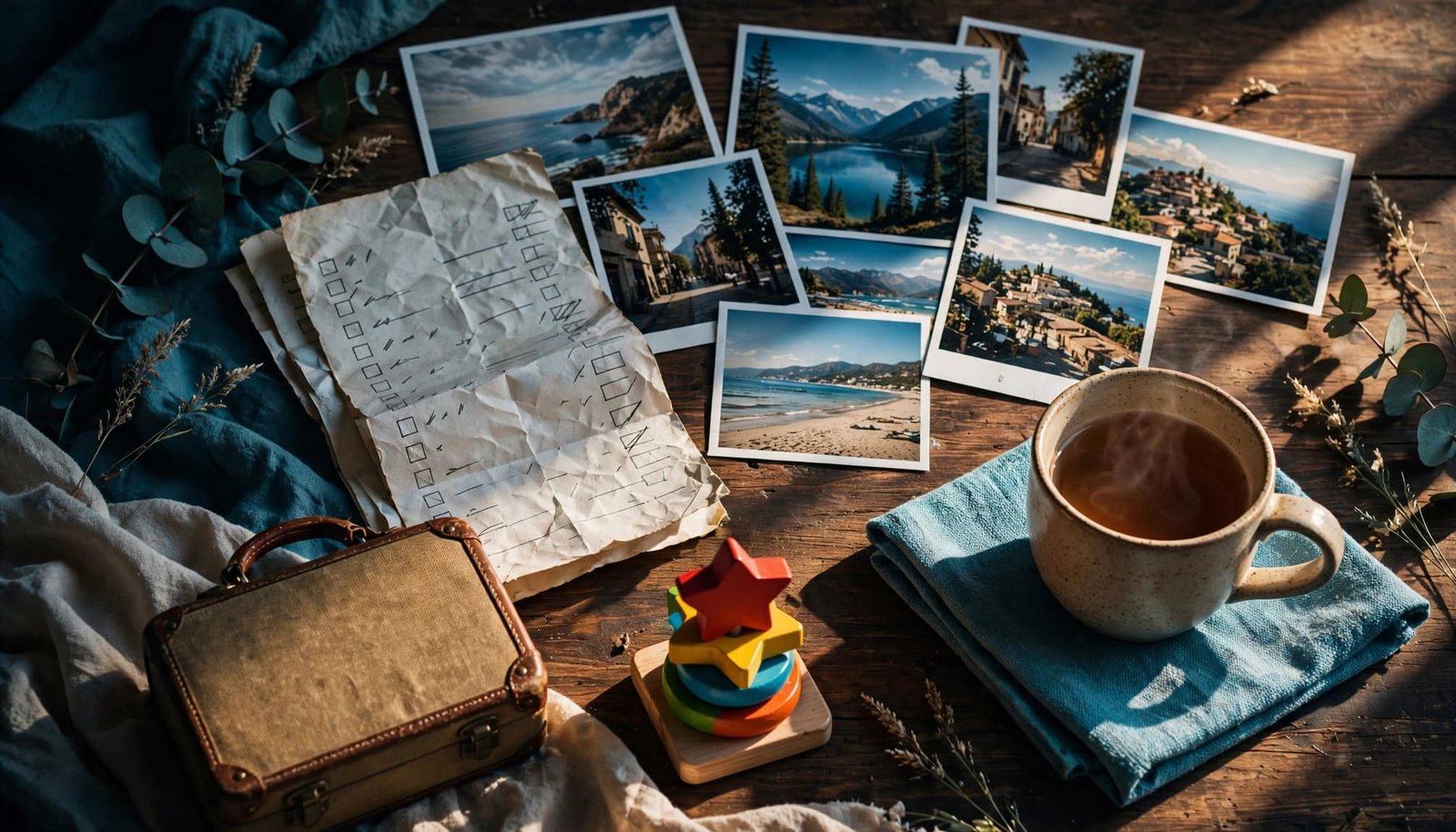 A Calm Family Trip Debrief That Everyone Can Handle Vacation photos, a packing list, small suitcase, keepsake, and tea arranged on a table.