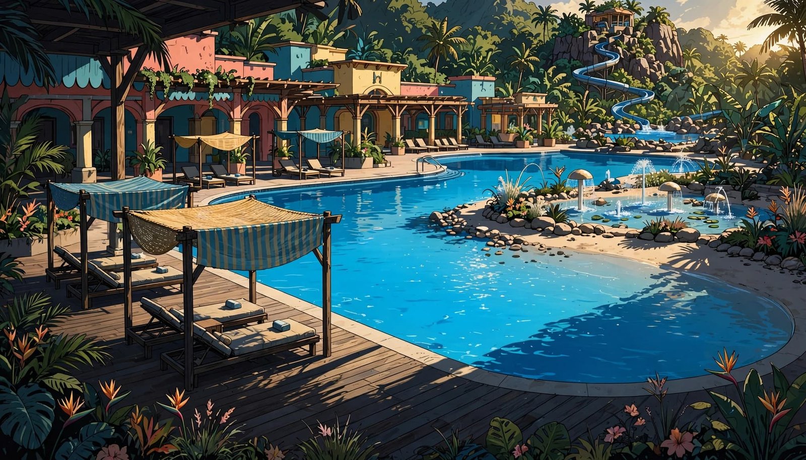 A quiet tropical pool with a gradual entry, shaded loungers, splash area, and waterslide.