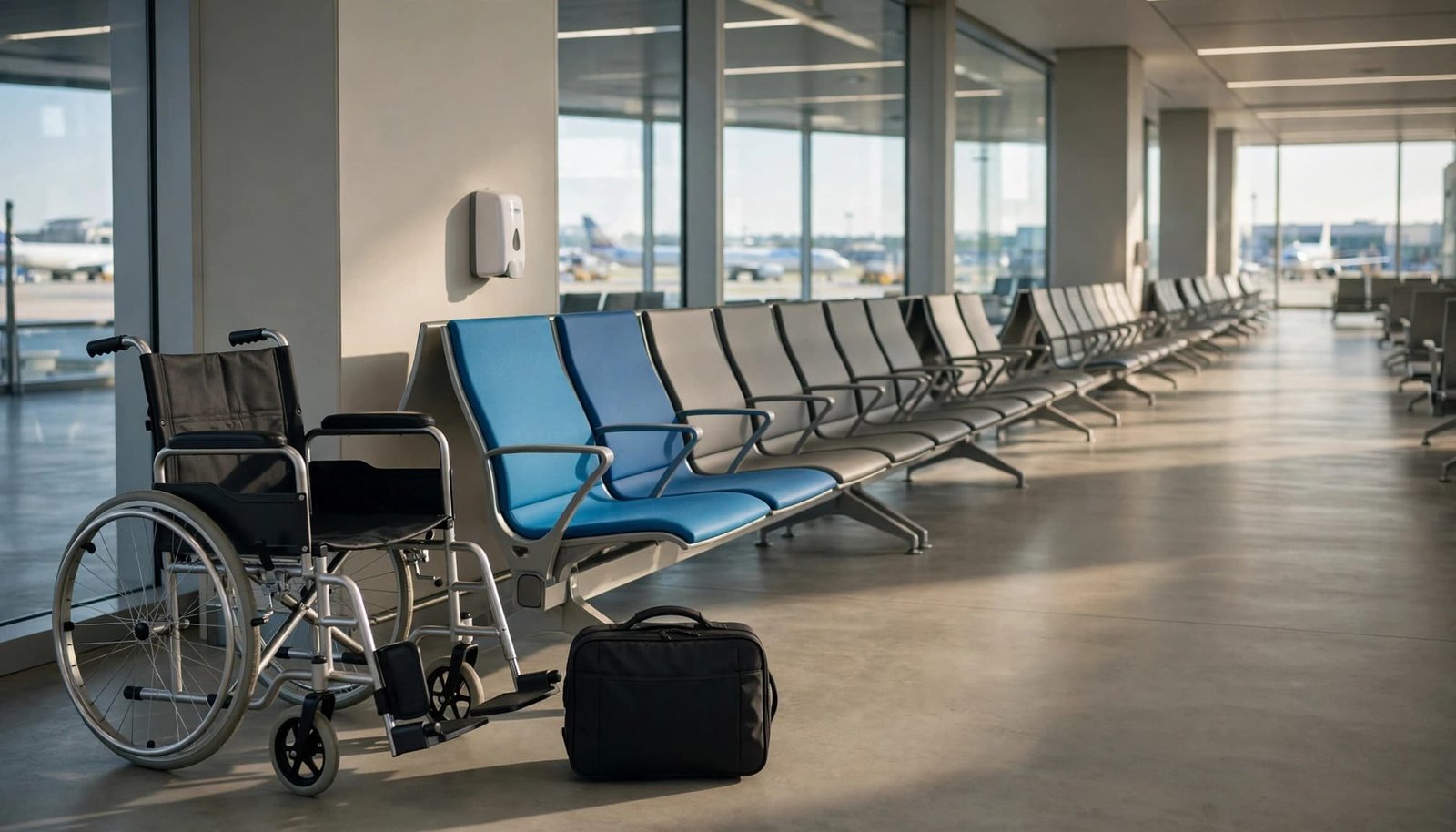 Traveling With Long COVID: Protect Your Energy An empty airport terminal with a wheelchair, blue seats, and a black bag.