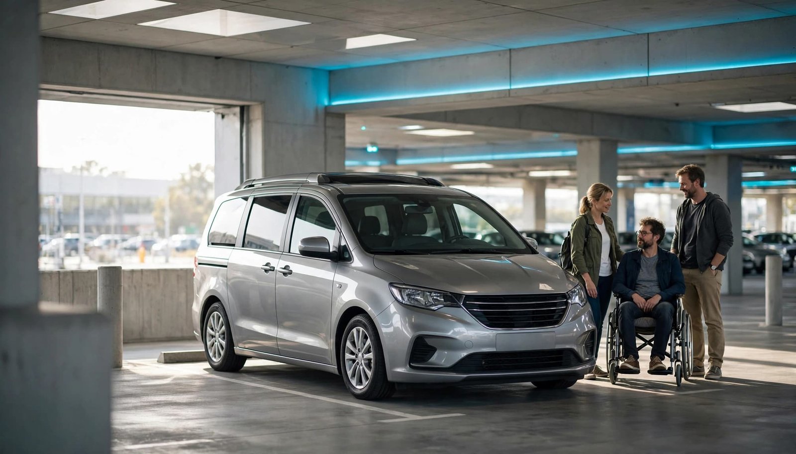 A silver minivan parked in a brightly lit parking garage with three people standing nearby.