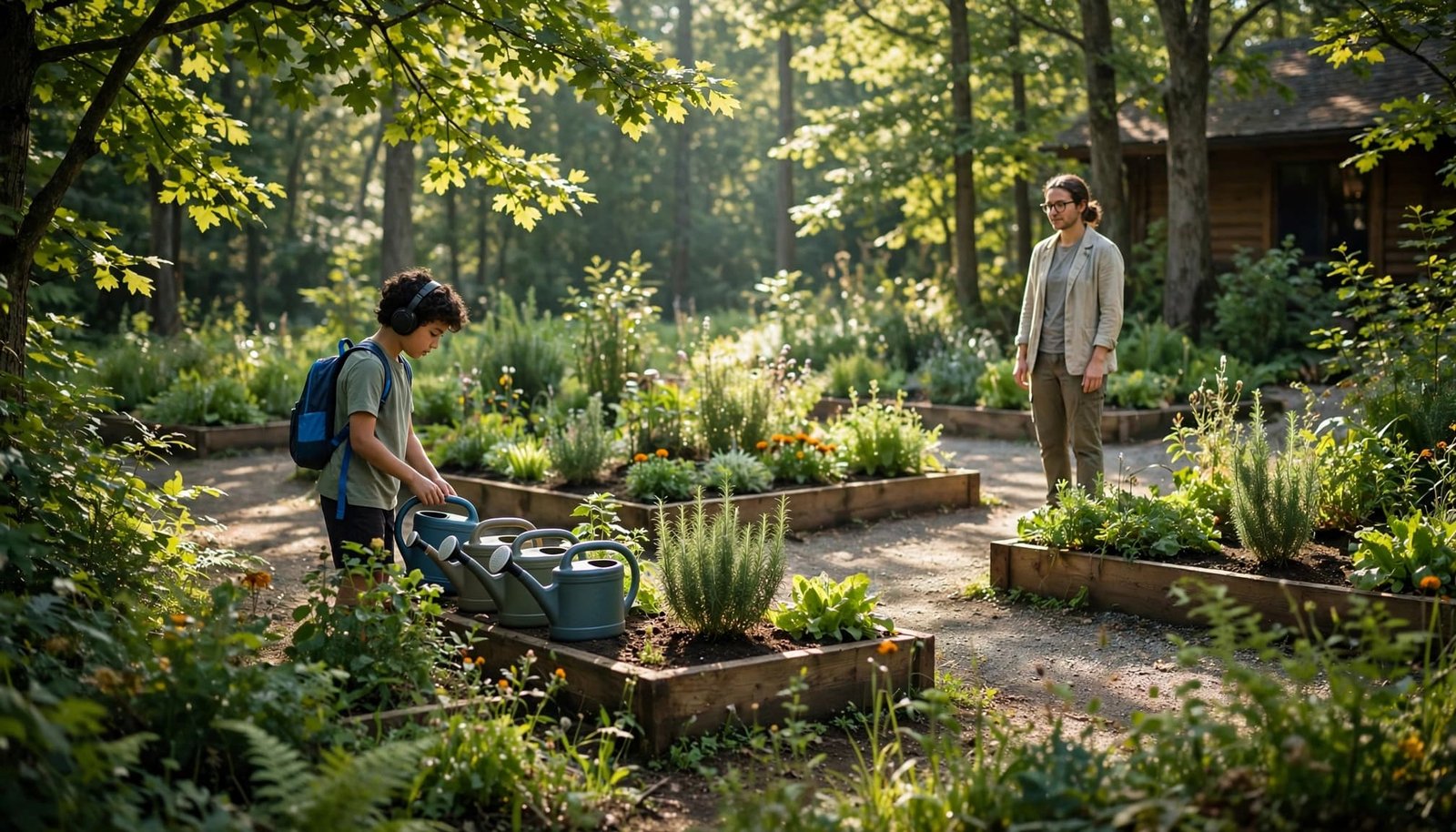 A child wearing headphones and a blue backpack chooses a watering can in a garden as an adult looks on.