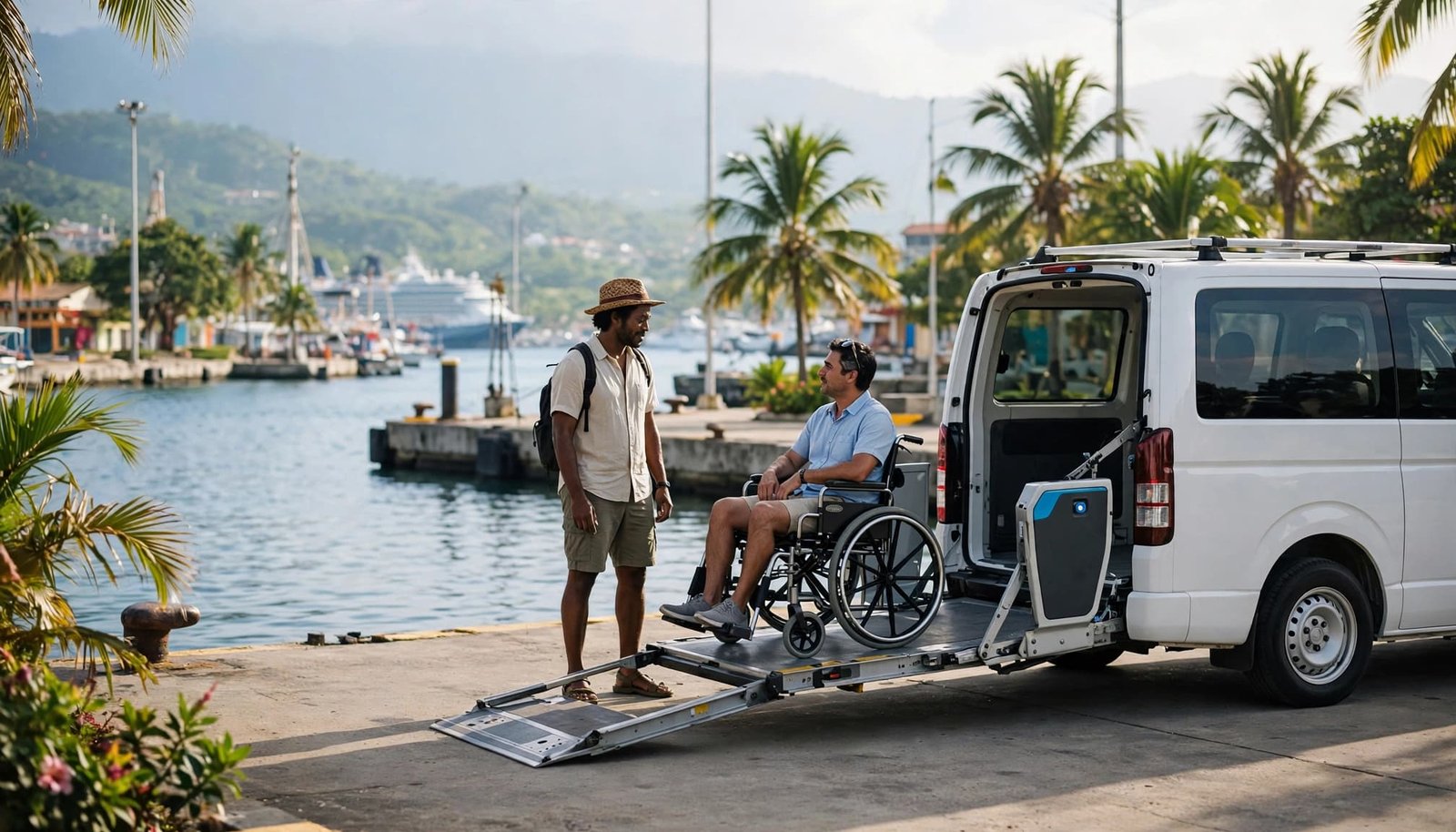 How to Plan Accessible Shore Excursions A man in a wheelchair and a companion stand by a lift-equipped van at a sunny cruise port.