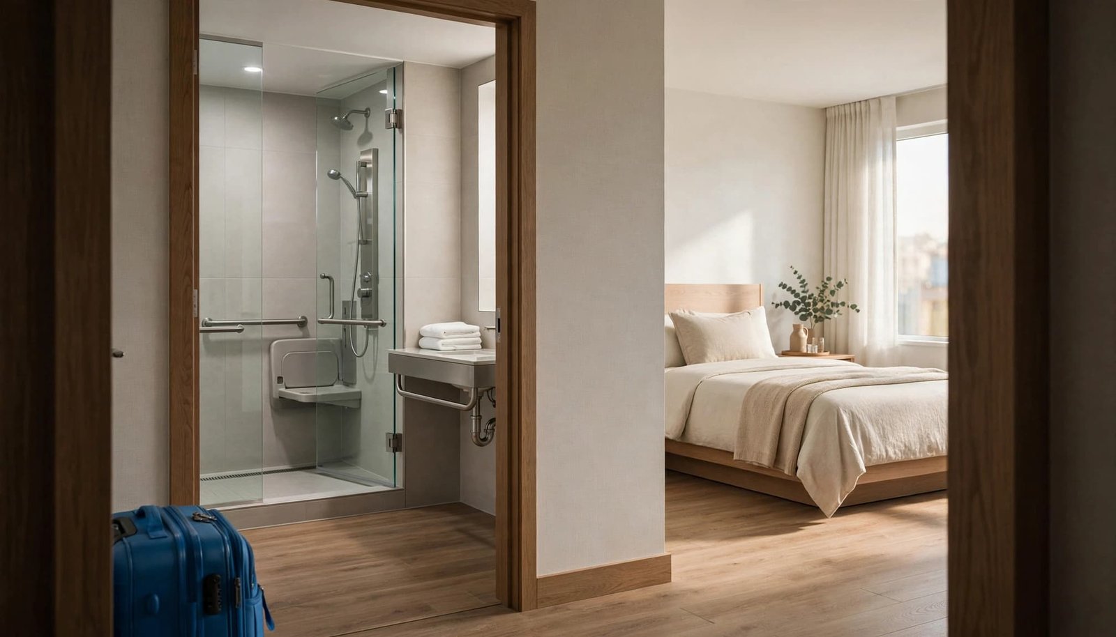 A modern accessible hotel room with a roll-in shower, low sink, and a bed in view.
