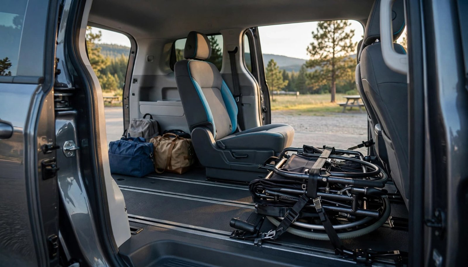 Interior view of a minivan with a folded wheelchair and luggage secured in the open passenger area.