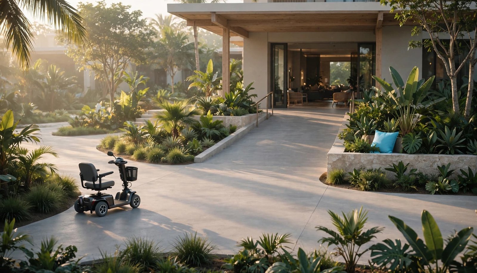Traveling With a Mobility Scooter: Flights and Resorts A parked mobility scooter on a smooth pathway outside a resort entrance with tropical landscaping.