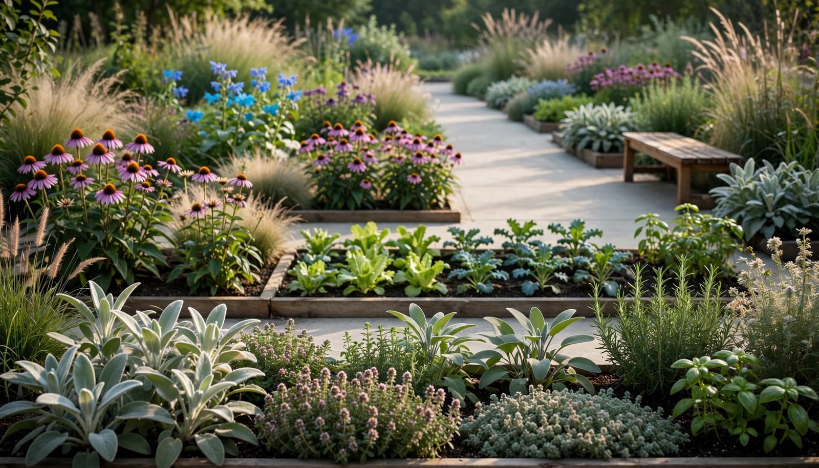 A sensory garden with raised beds, a stone path, purple coneflowers, herbs, and a wooden bench.