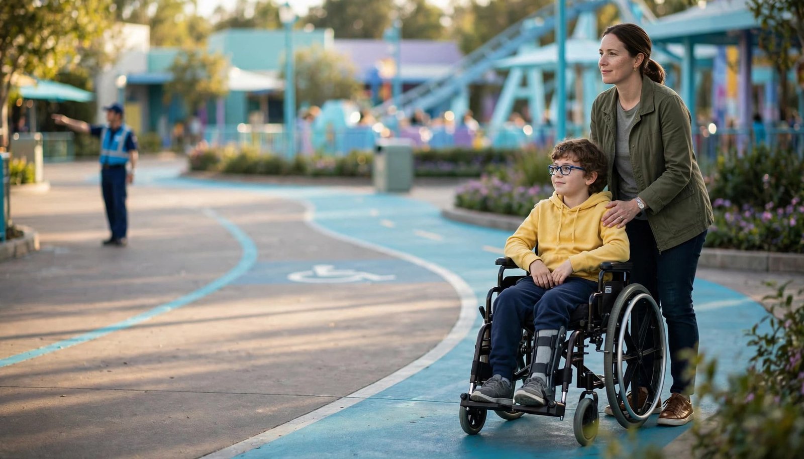 Theme Park Evacuations With a Disabled Child A woman stands behind a boy in a wheelchair on a theme park path while a staff member points in the distance.