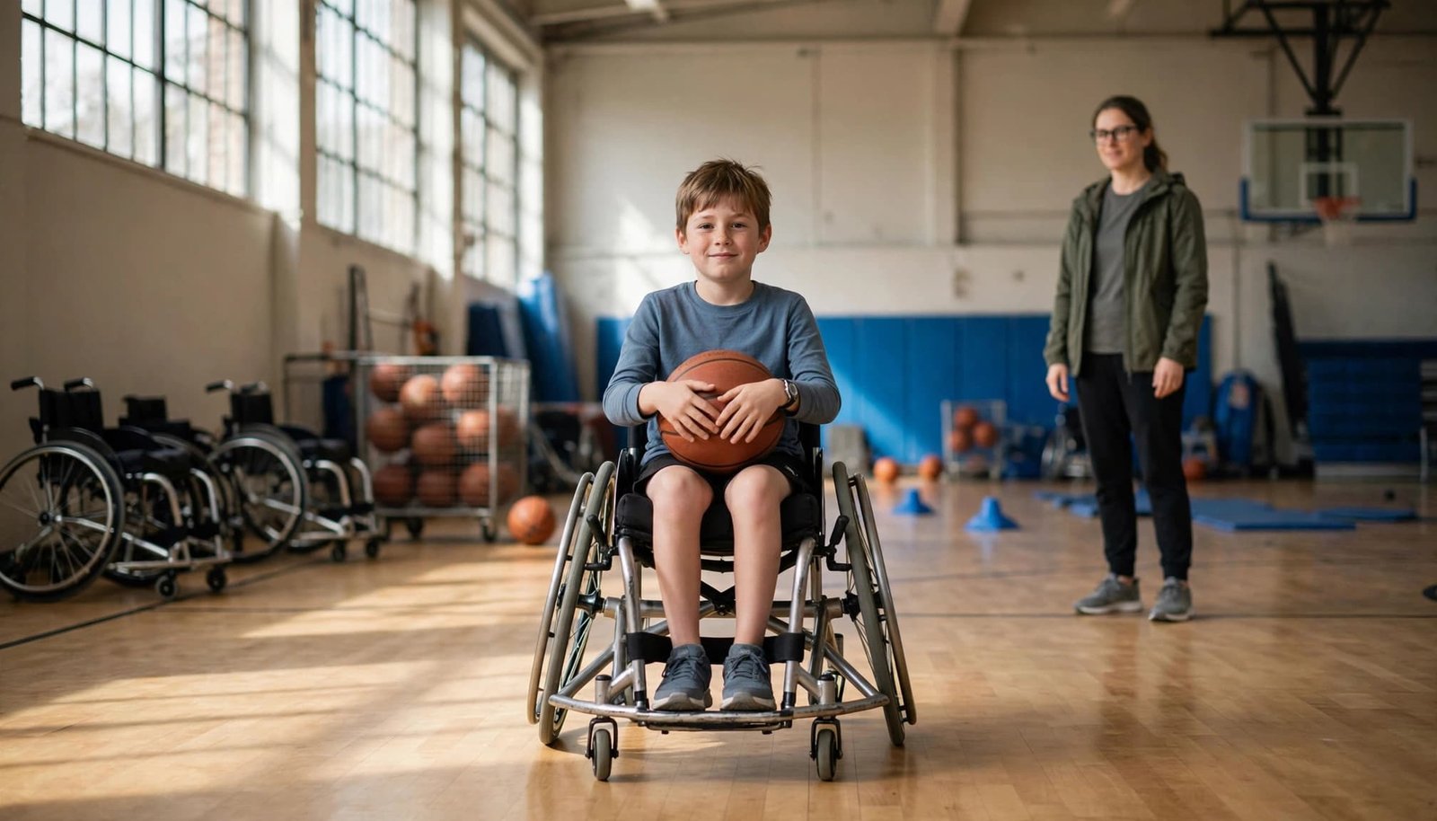 Live Sports With an Autistic Child: A Sensory Plan A young boy in a sports wheelchair holds a basketball in an indoor gym, with a coach standing behind him.