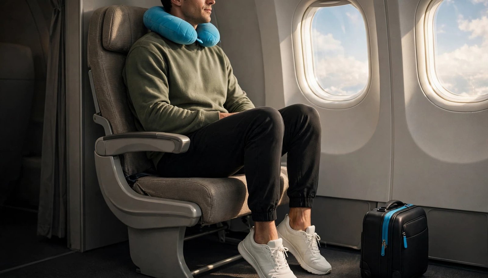 A traveler wearing a blue neck pillow and white sneakers is seated by an airplane window with a carry-on bag.