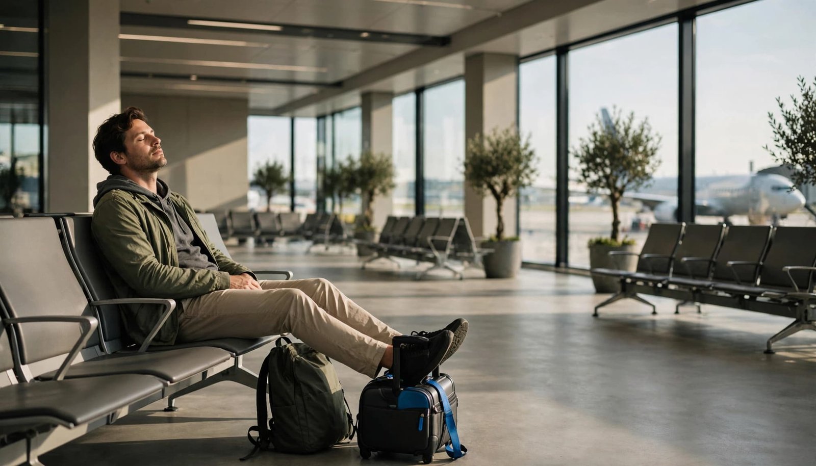 A man rests with his feet propped on luggage in a quiet airport terminal.