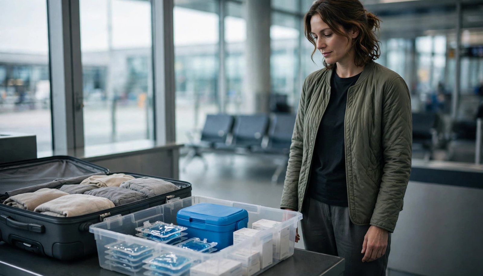 How to Travel With Refrigerated Medication A traveler stands by an open suitcase as a blue medicine case and gel packs rest in a clear bin.