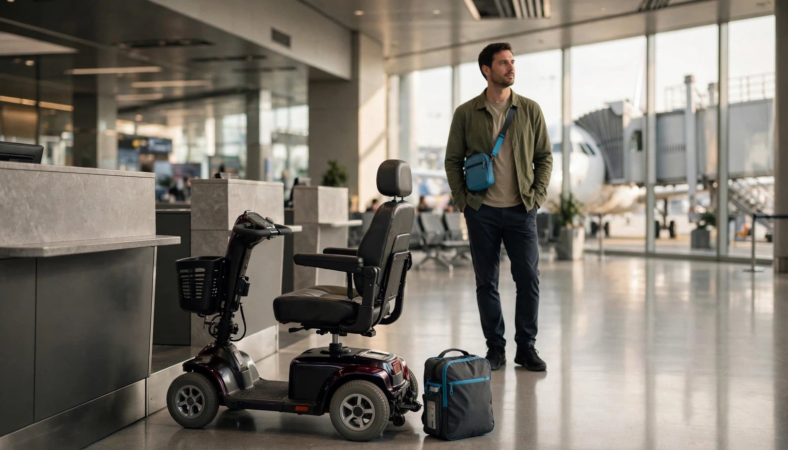 Traveling With a Mobility Scooter: Flights and Resorts A man stands near a mobility scooter and a travel bag in an airport terminal.