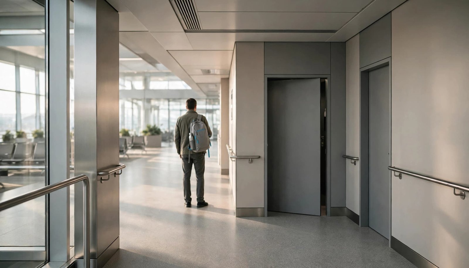 Traveling With Crohn's Disease: Bathrooms and Meal Planning A traveler waits beside a clean airport restroom corridor, holding a blue day bag.