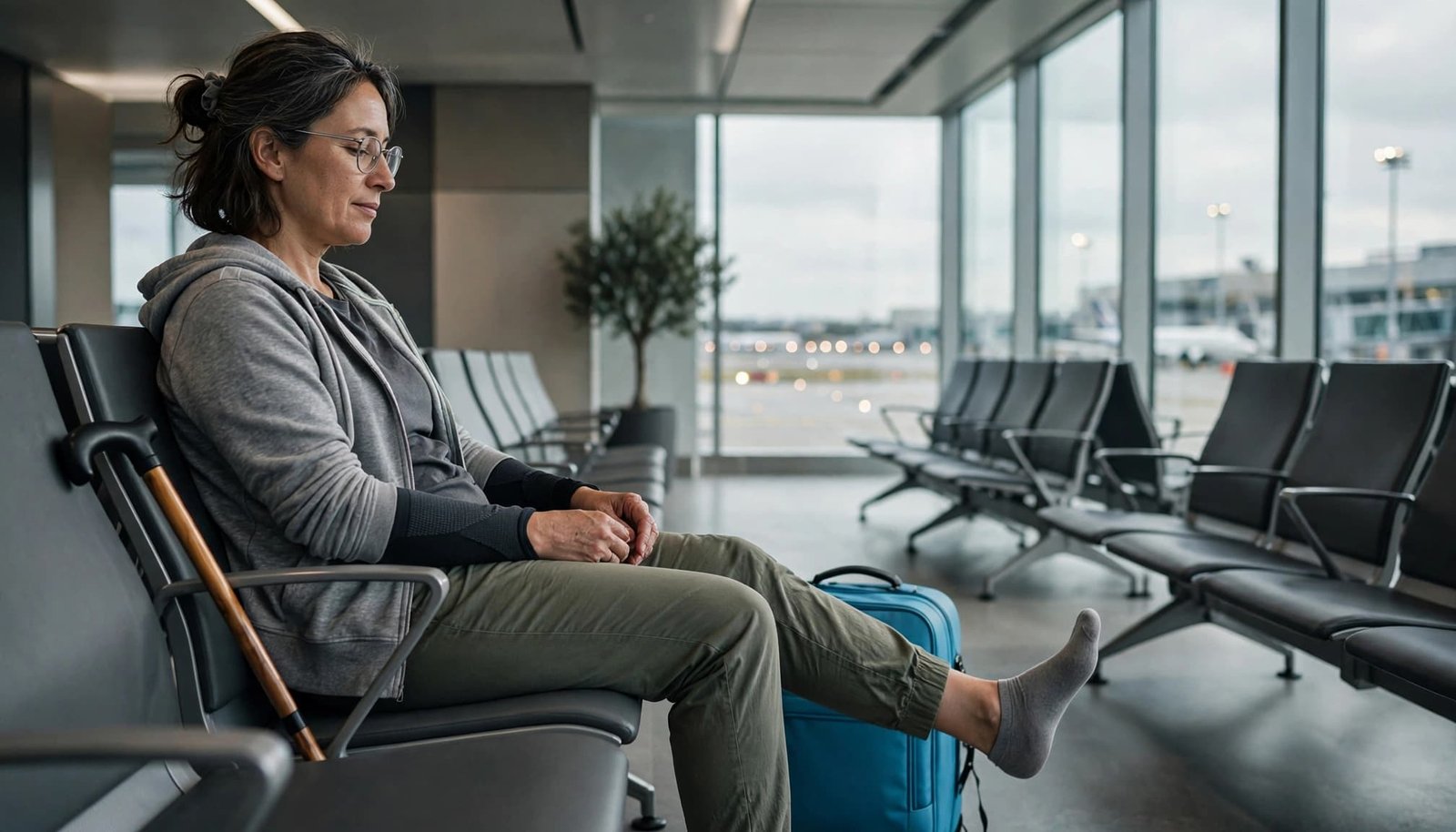 Traveling With Rheumatoid Arthritis: Plan for Comfort A woman sits in an airport terminal chair, lifting her leg to roll her ankle.