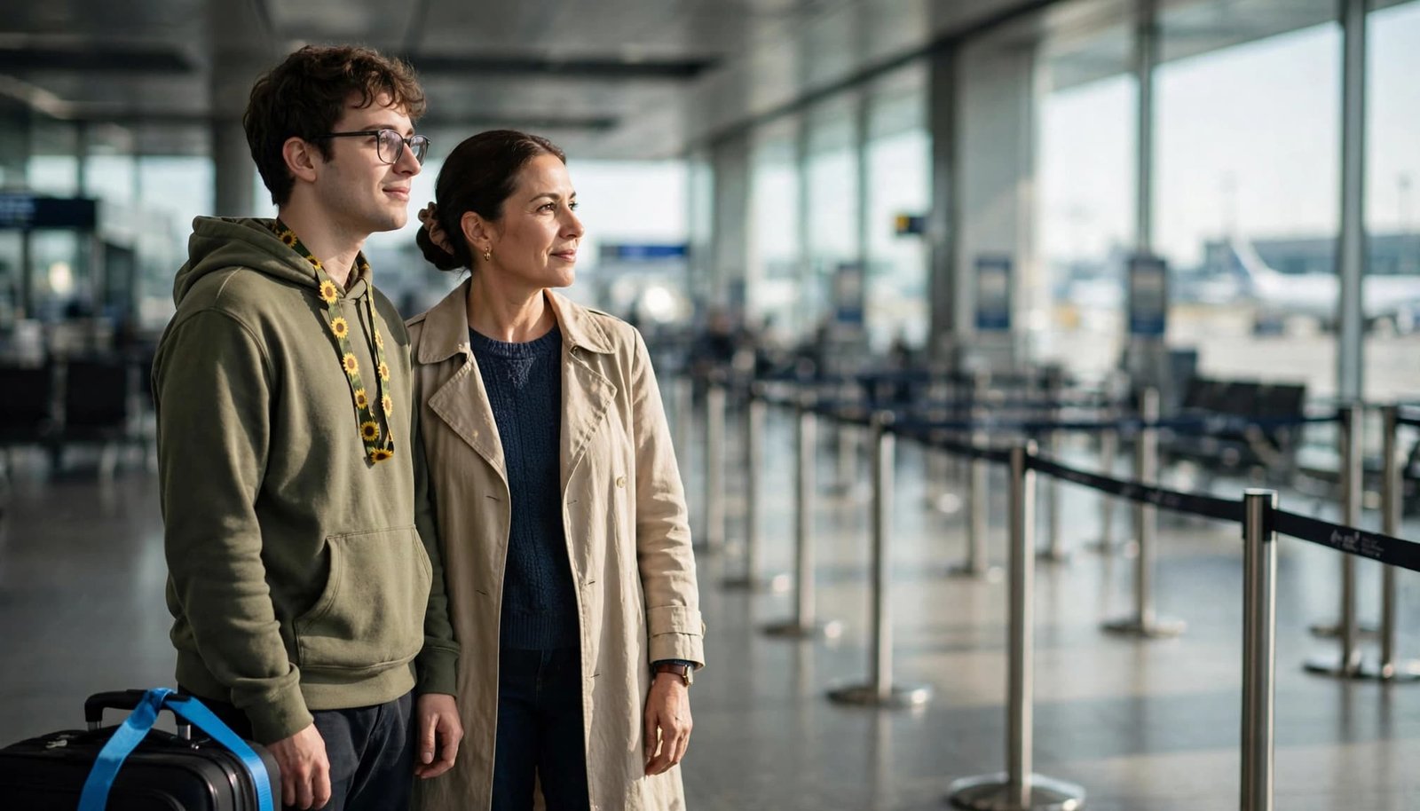 Traveling With an Intellectual Disability: Family Guide Two adults stand together in a modern airport terminal near a security queue.