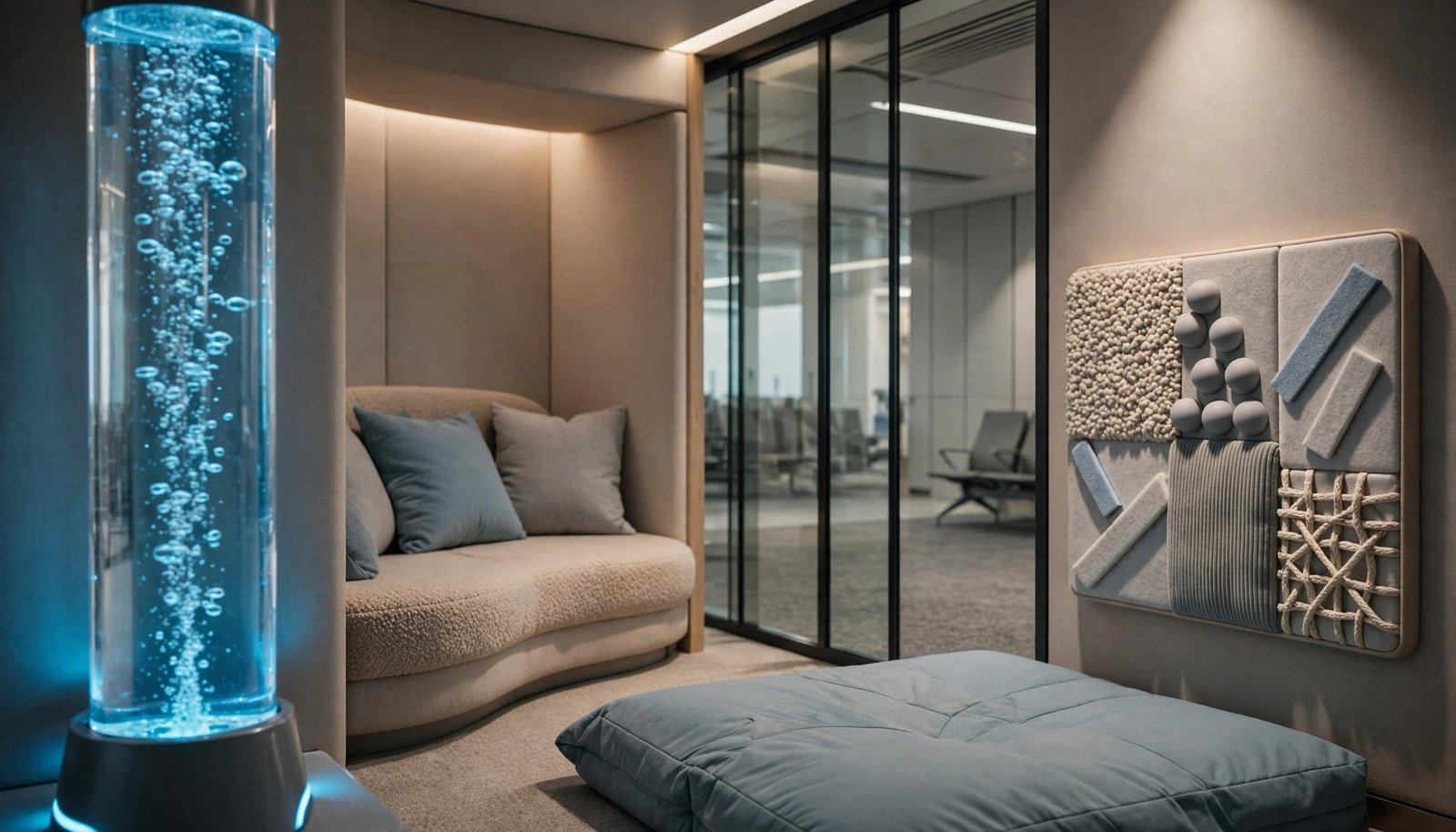 A quiet airport room with soft seating, a crash cushion, tactile panels, and a glowing bubble tube.
