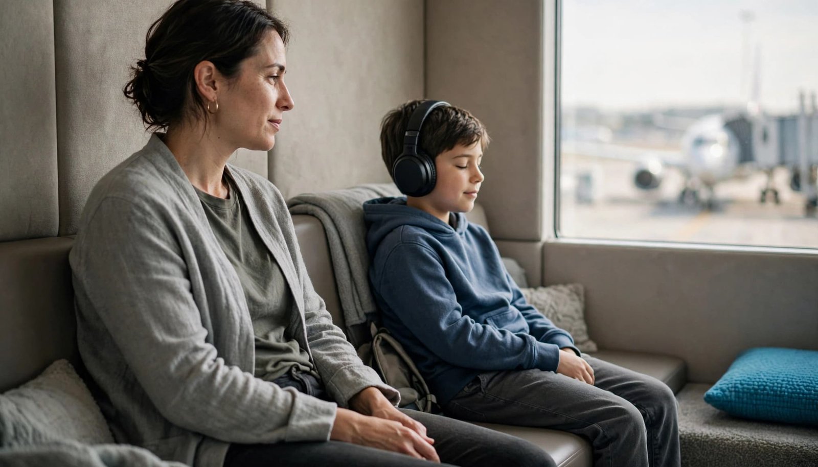 A parent sits beside a child wearing headphones in a quiet airport room.