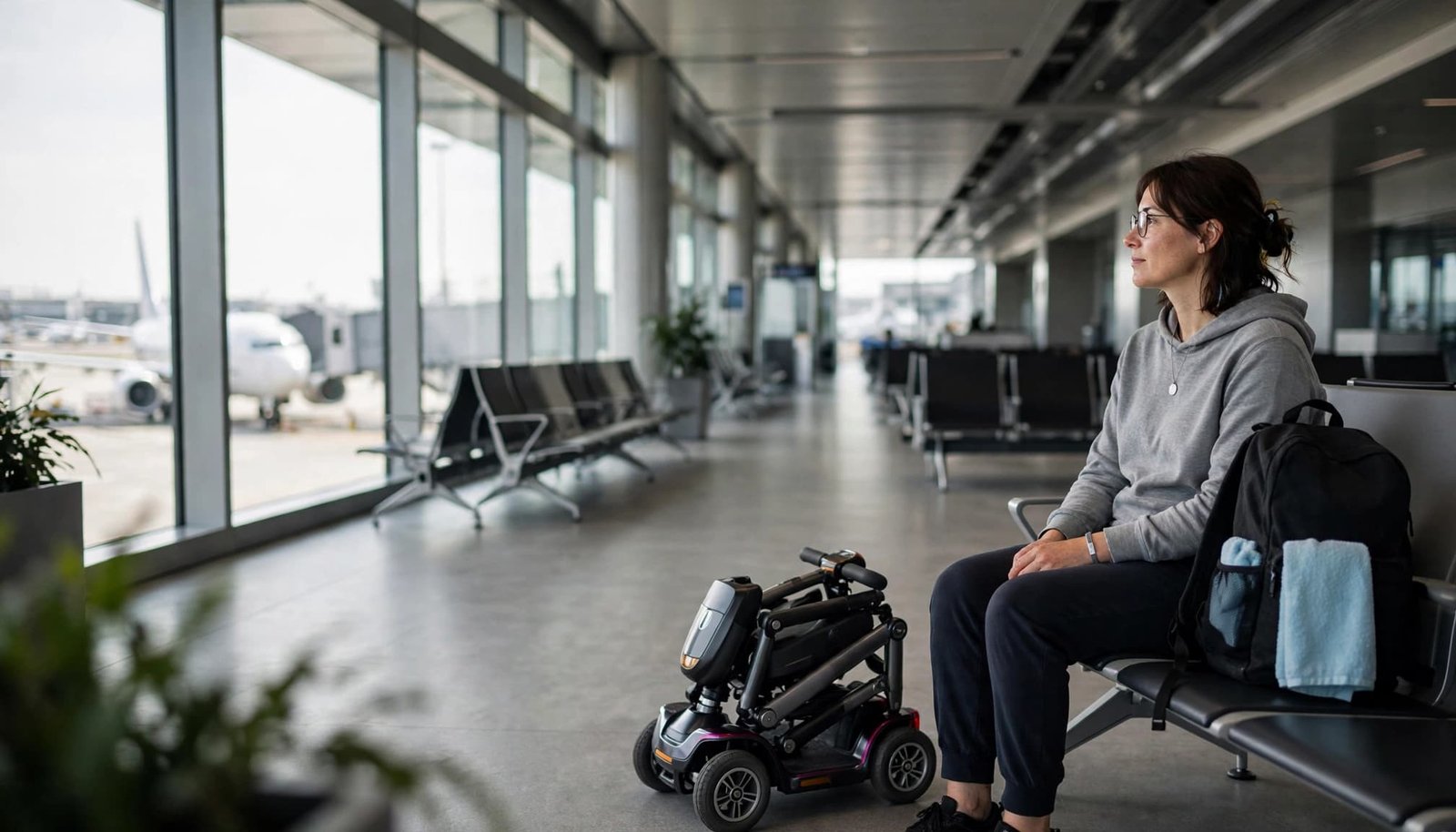 Traveling With Multiple Sclerosis: Fatigue and Mobility A traveler sitting in an airport terminal next to a compact folding mobility scooter and a backpack.