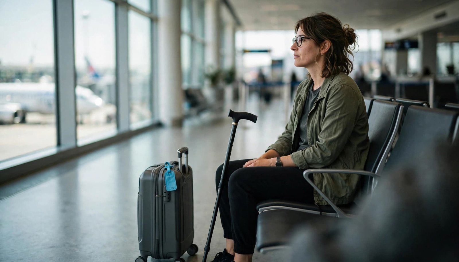 EDS Travel Tips: Plan Around Your Pacing and Mobility A traveler with a cane waits seated at an airport gate beside a carry-on suitcase.