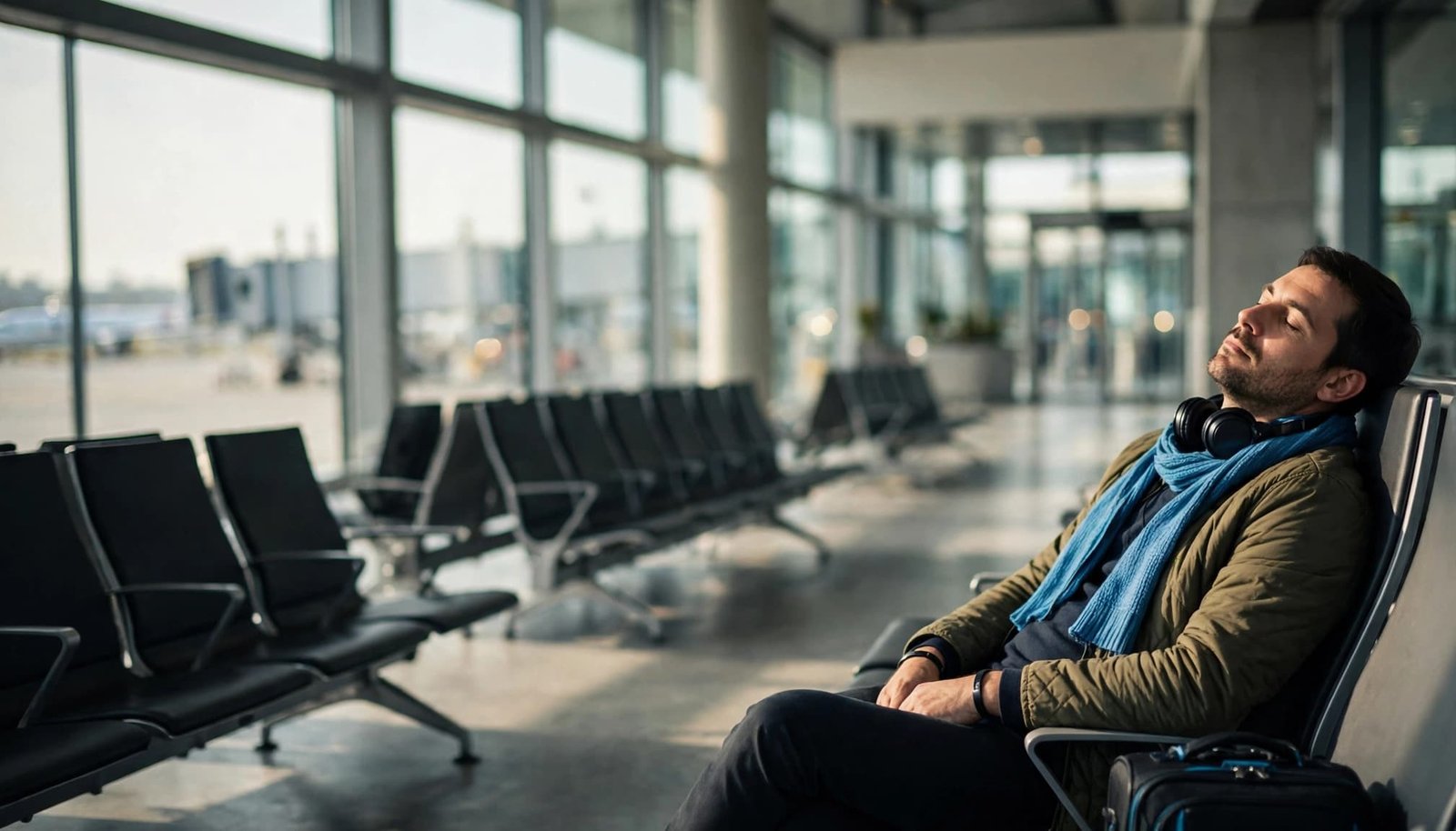 Traveling With a Brain Injury: Fatigue and Sensory Needs A man resting with his eyes closed in an airport waiting area.