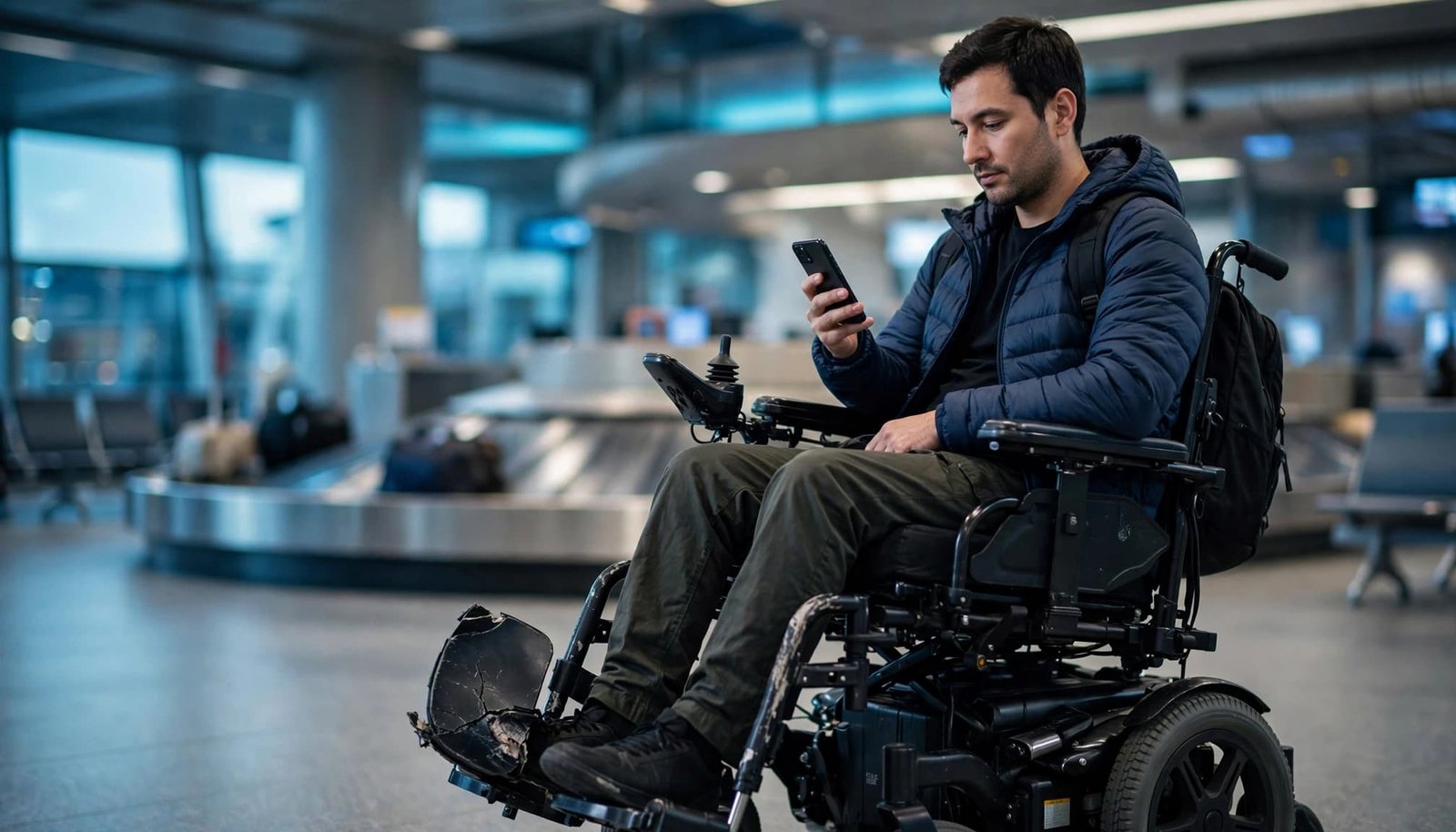 A man in a wheelchair looks at his phone at an airport baggage claim.