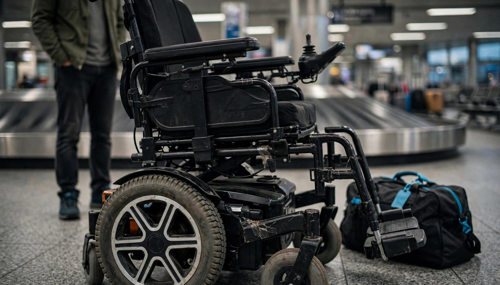 What to Do When an Airline Damages Your Wheelchair A power wheelchair at an airport baggage claim with a person standing nearby.